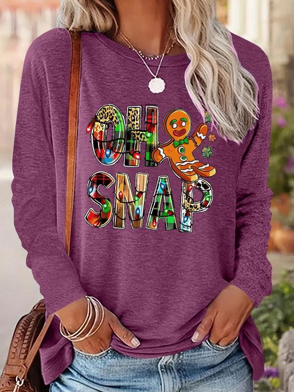 Women's Cartoon Gingerbread Man & Letter Print Drop Shoulder T-shirt, Casual Long Sleeve Round Neck Pullover for Fall & Winter, Ladies Clothes for Daily Wear