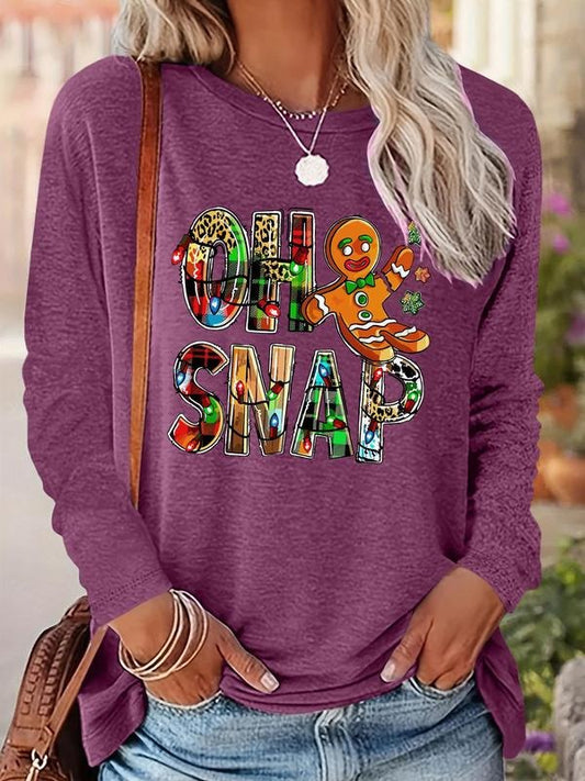 Women's Cartoon Gingerbread Man & Letter Print Drop Shoulder T-shirt, Casual Long Sleeve Round Neck Pullover for Fall & Winter, Ladies Clothes for Daily Wear