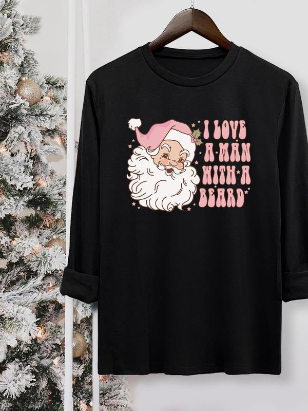 Women's Christmas Santa Claus Letter Print Round Neck Tee, Casual Long Sleeve Crew Neck T-shirt for Fall & Winter, Women's Top for Daily Wear