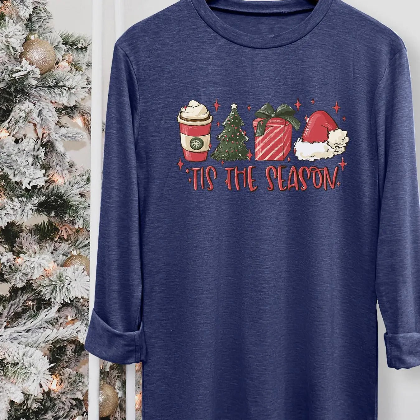 Women's Christmas Themed Cartoon & Letter Print Round Neck Tee, Casual Long Sleeve Crew Neck T-shirt for Fall & Winter, Women's Top for Daily Wear