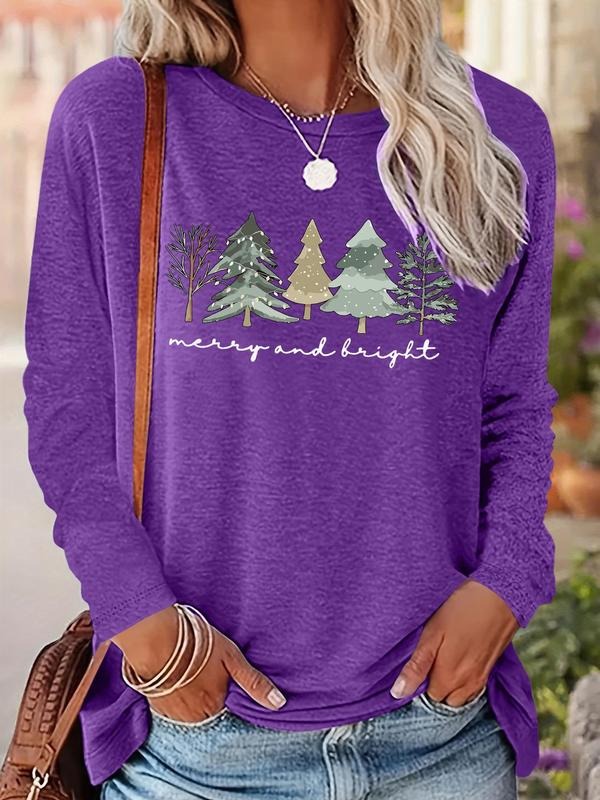 Women's Christmas Tree & Letter Print Crew Neck Tee, Casual Long Sleeve T-shirt for Fall & Winter, Women's Top for Daily Wear