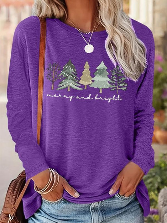 Women's Christmas Tree & Letter Print Crew Neck Tee, Casual Long Sleeve T-shirt for Fall & Winter, Women's Top for Daily Wear