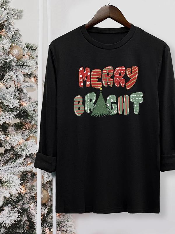 Women's Christmas Tree & Letter Print Round Neck Tee, Casual Long Sleeve Crew Neck T-shirt for Fall & Winter, Women's Top for Daily Wear