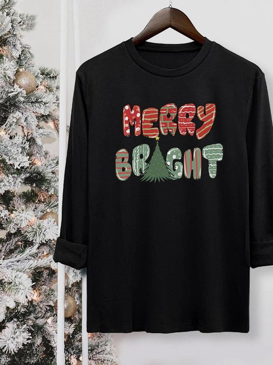 Women's Christmas Tree & Letter Print Round Neck Tee, Casual Long Sleeve Crew Neck T-shirt for Fall & Winter, Women's Top for Daily Wear