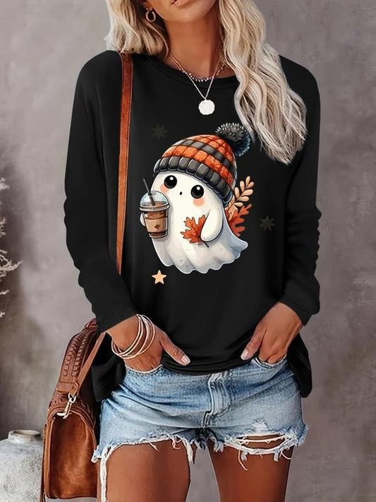 Women's Ghost & Coffee Print Round Neck Tee, Casual Long Sleeve Crew Neck T-shirt  for Fall & Winter, Women's Clothes for Daily Wear