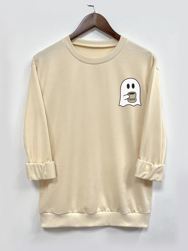 Women's Ghost Print Crew Neck Pullover, Casual Long Sleeve Sweatshirt for Halloween Fall & Winter, Women's Clothes for Daily Wear