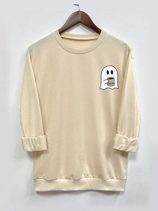Women's Ghost Print Crew Neck Pullover, Casual Long Sleeve Sweatshirt for Halloween Fall & Winter, Women's Clothes for Daily Wear
