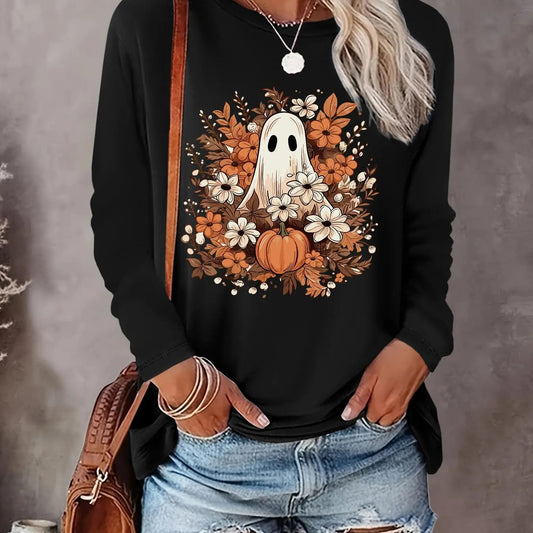 Women's Halloween Themed Ghost & Floral Print Round Neck Tee, Casual Long Sleeve Crew Neck T-shirt for Fall & Winter, Women's Top for Daily Wear