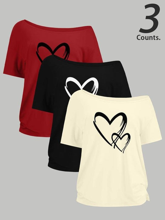Women's Heart Print One Shoulder Tee, Casual Curved Hem Short Sleeve T-shirt for Summer, Ladies Clothes for Daily Wear, Top