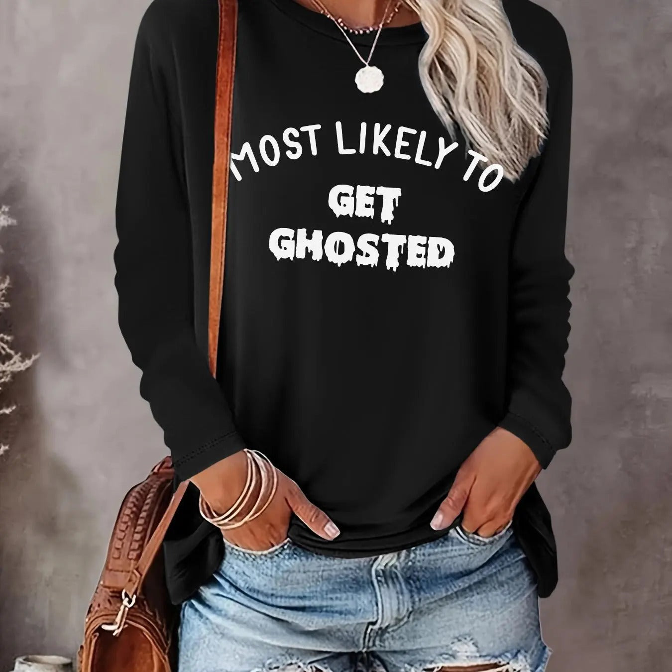 Women's Letter Print Round Neck Tee, Casual Long Sleeve T-shirt for Spring & Fall, Fashion Women's Top for Daily Wear