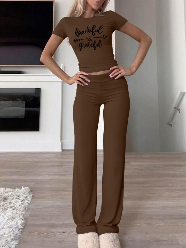 Women's Letter Print Tee & Pants Two-piece Set, Casual Round Neck Short Sleeve T-shirt & Trousers for Daily Wear, Ladies Spring & Fall Clothesstyle{n002}2