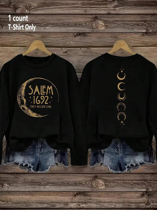 Women's Moon Print Drop Shoulder Sweatshirt, Casual Long Sleeve Round Neck Pullover for Fall & Winter, Ladies Clothes for Daily Wear