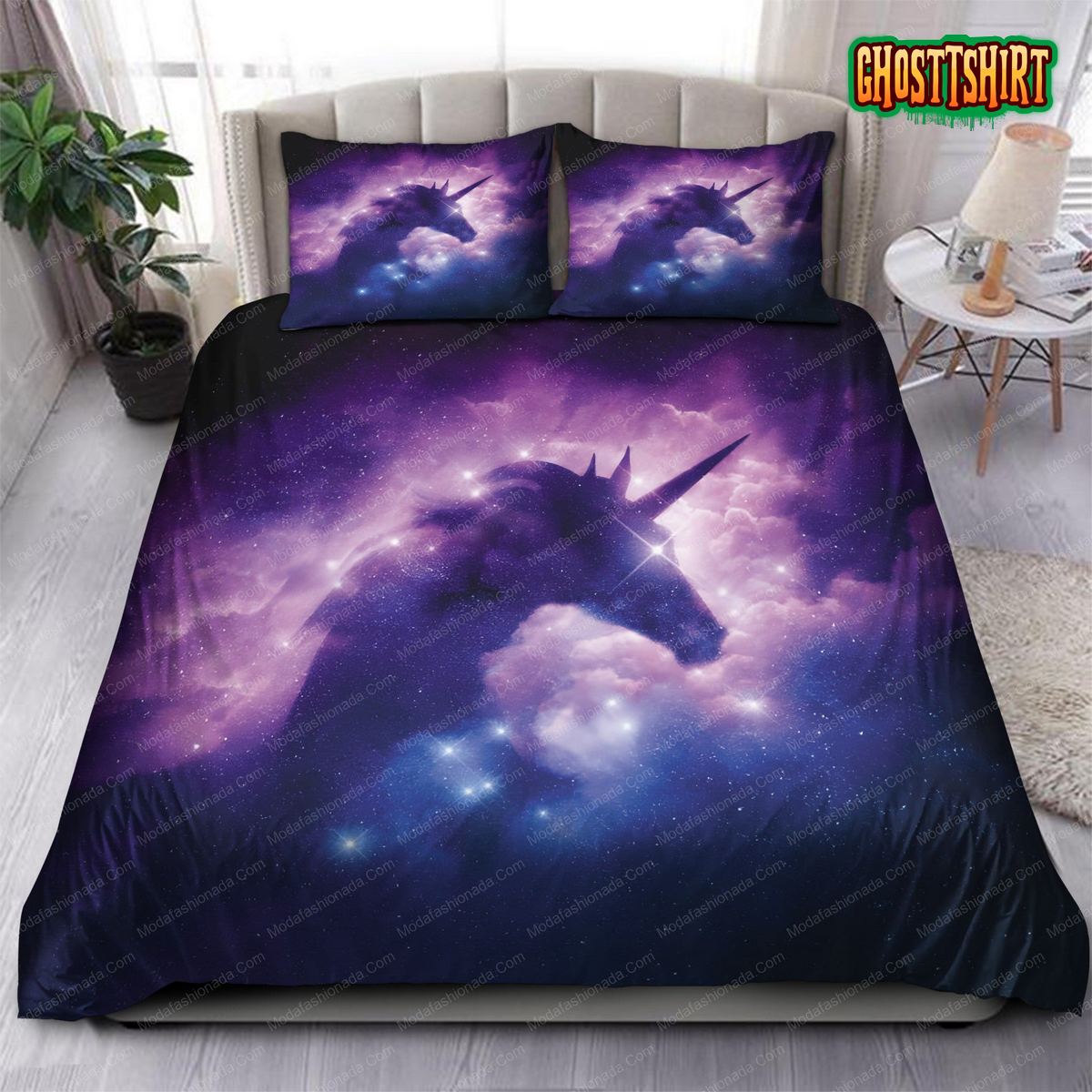 A Unicorn Silhouette In A Galaxy Nebula Cloud Raster Bedding Set