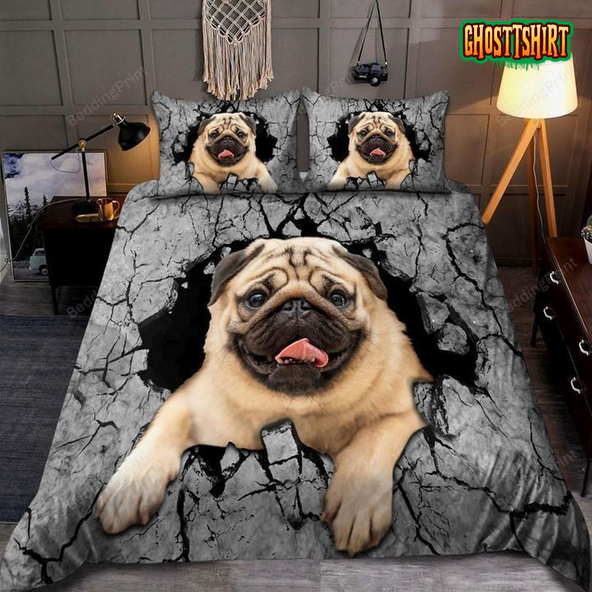 Adorable Pug Breaking Wall Bed Sheets Duvet Cover Bedding Set