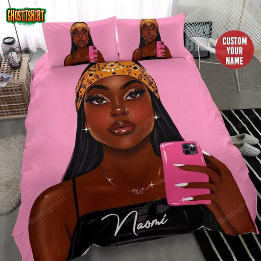 African American Black Girl Pink Phone Bedding Custom Name Duvet Cover Bedding Set