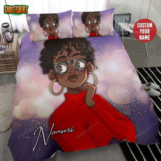 African American Black Girl Short Hair Custom Name Duvet Cover Bedding Set