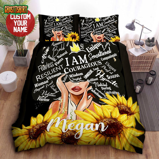 African American Black Queen Girl Sunflower Personalized Custom Name Duvet Cover Bedding Set