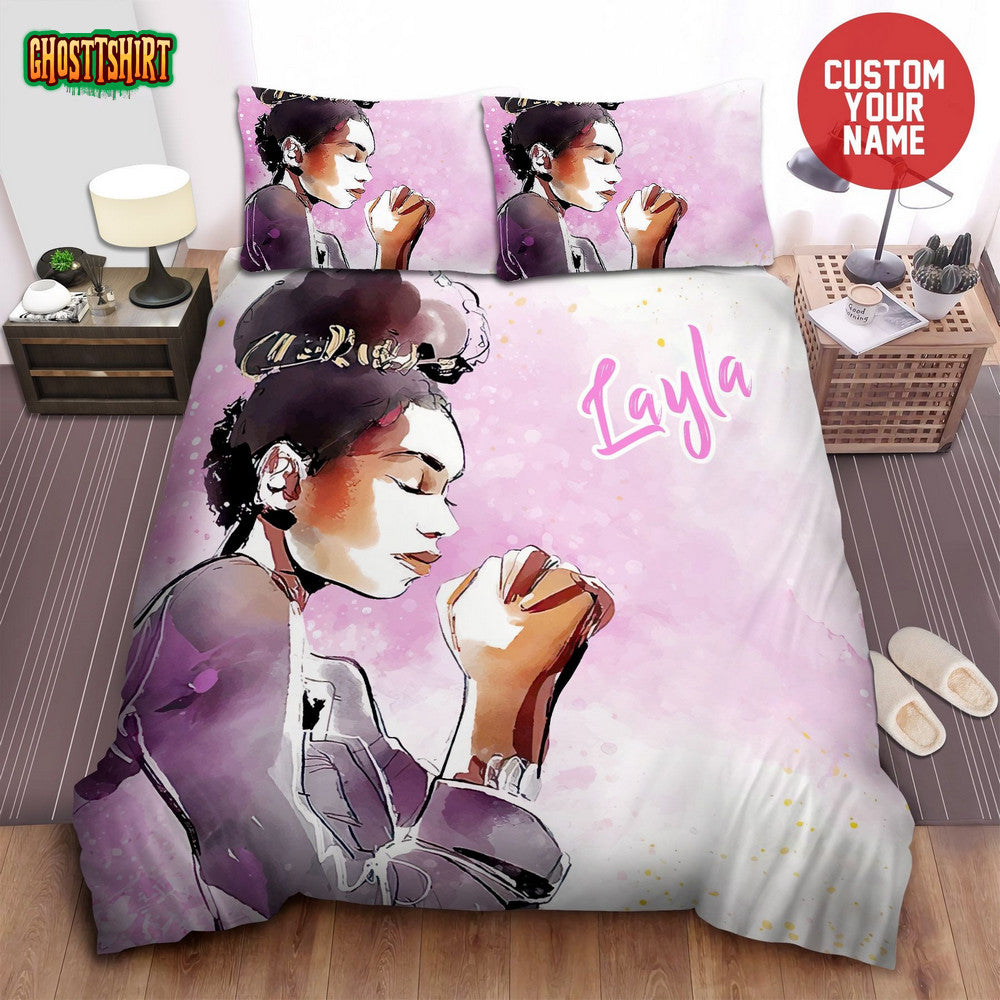 African American Woman Afro Girl Praying Black Girl Magic Custom Name Duvet Cover Bedding Set