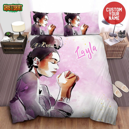 African American Woman Afro Girl Praying Black Girl Magic Custom Name Duvet Cover Bedding Set