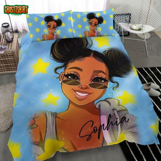 African Black Girl Star Custom Name Duvet Cover Bedding Set