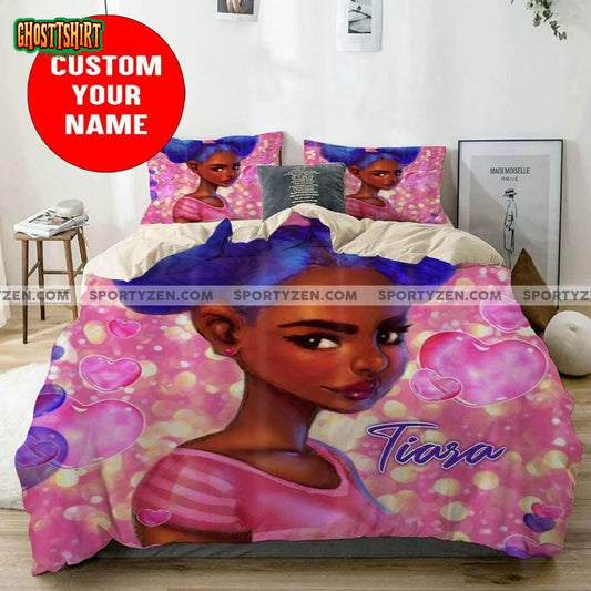 African Cute Little Black Girl Custom Name Duvet Cover Bedding Set