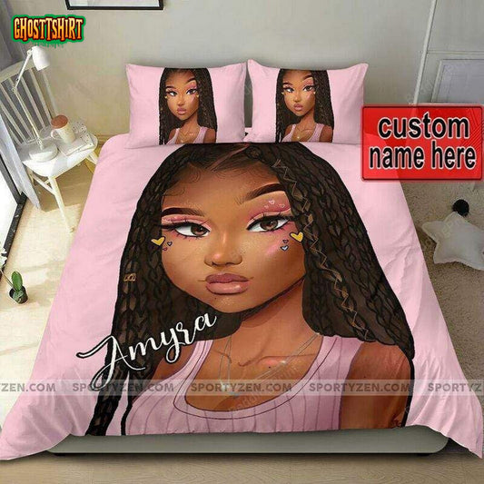 African Cutie Black Teen Girl Pink Custom Name Duvet Cover Bedding Set