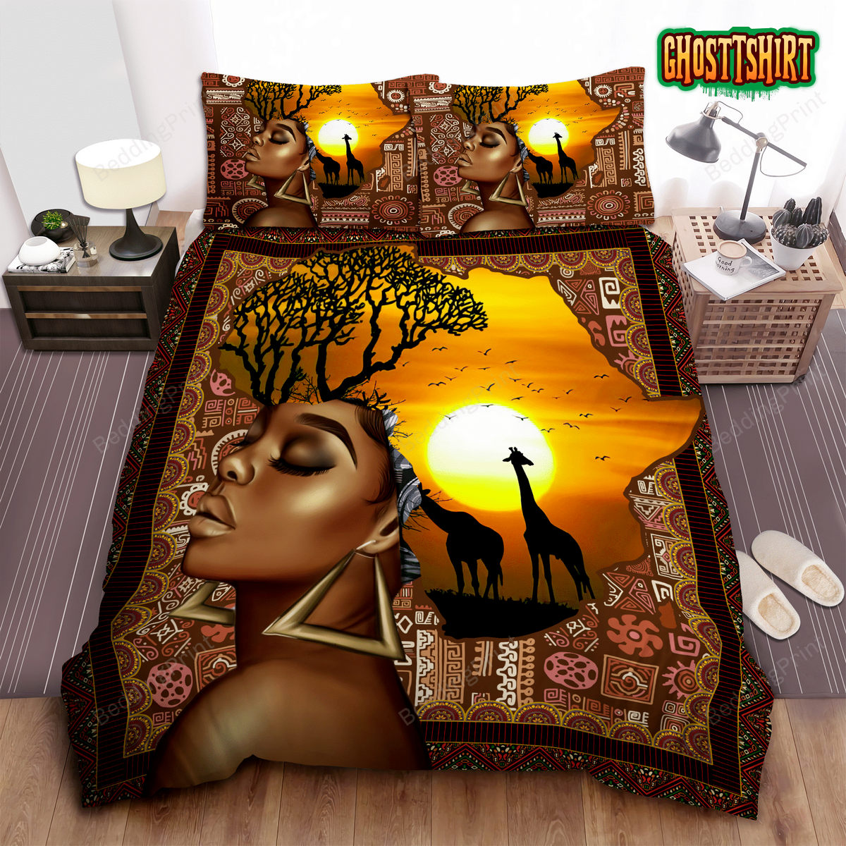 African Woman And Giraffe Bedding Set