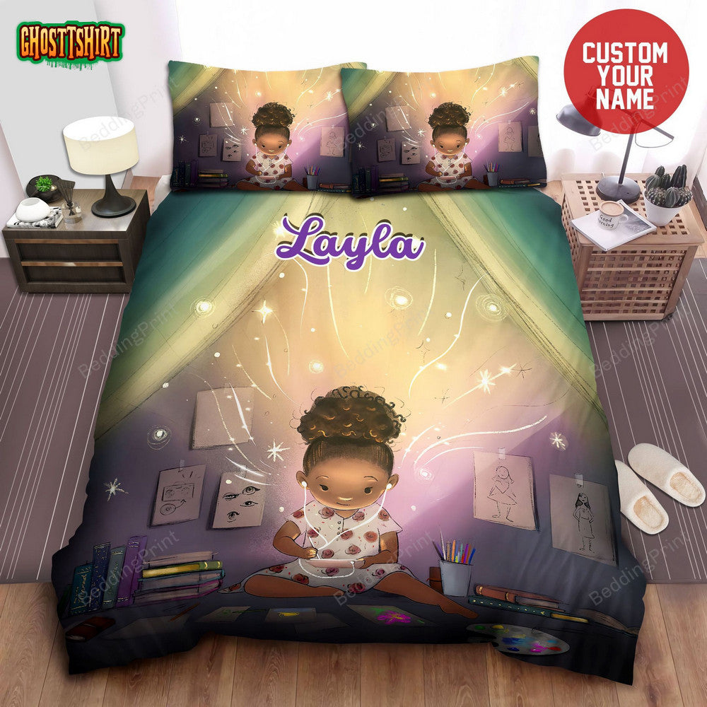 Afro Girl Black Little Girl Space Black Girl Magic Custom Name Duvet Cover Bedding Set