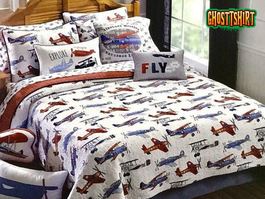 Airplane Twin Fly And Explore Bed Sheets Duvet Cover Bedding Set