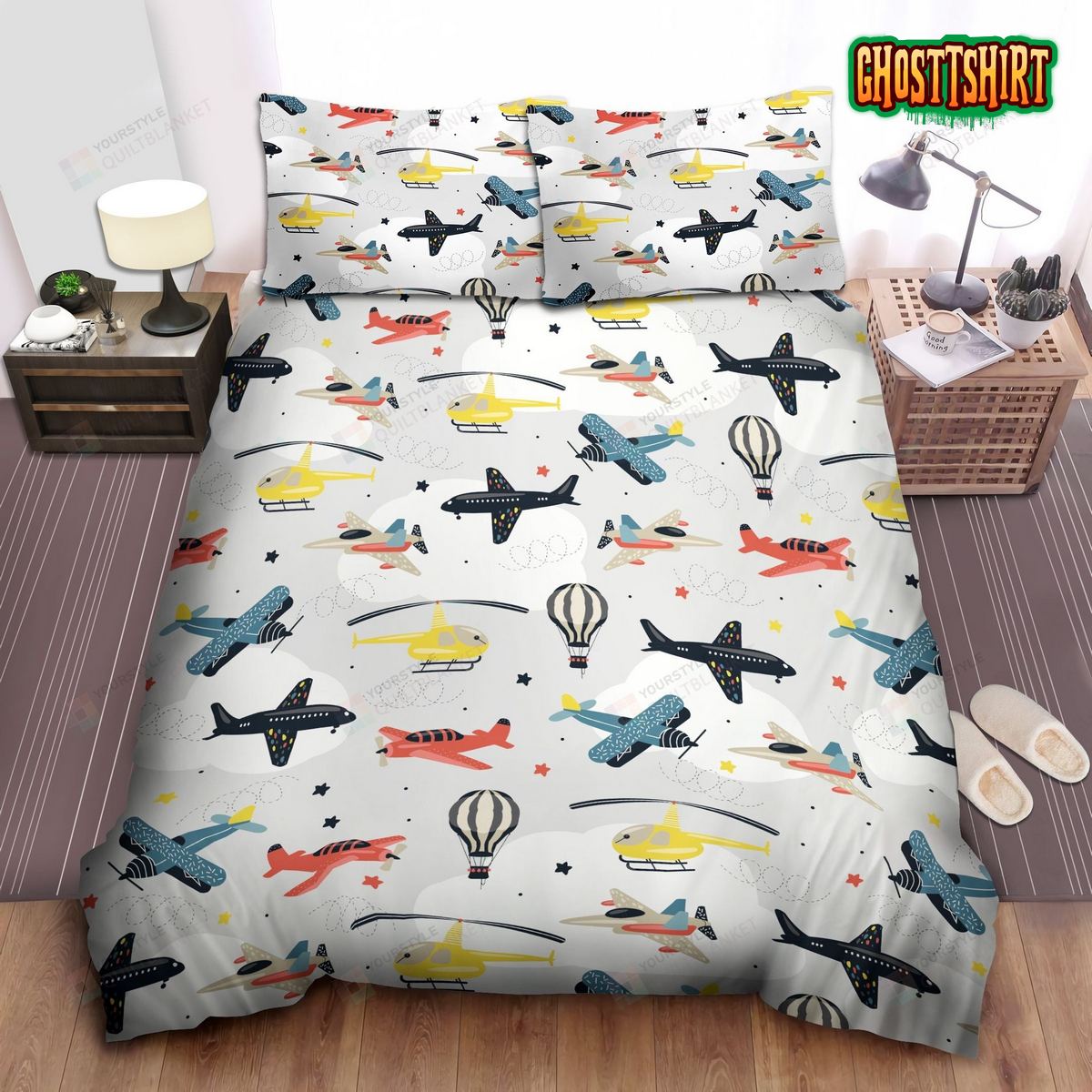 Airplanes With Hot Air Balloons Bed Sheets Duvet Cover Bedding Set