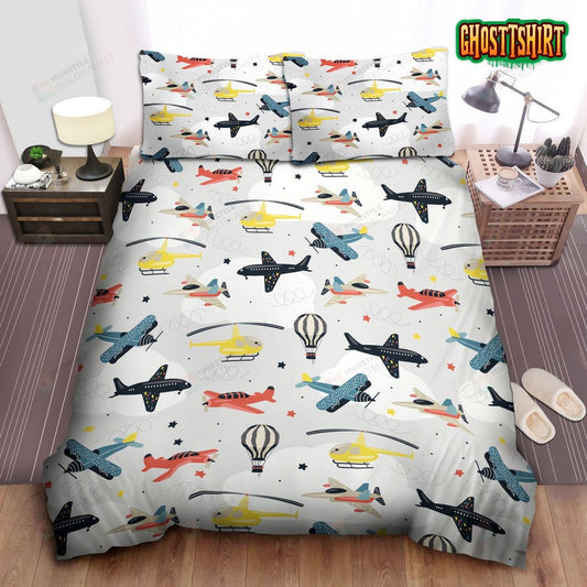 Airplanes With Hot Air Balloons Bed Sheets Duvet Cover Bedding Set