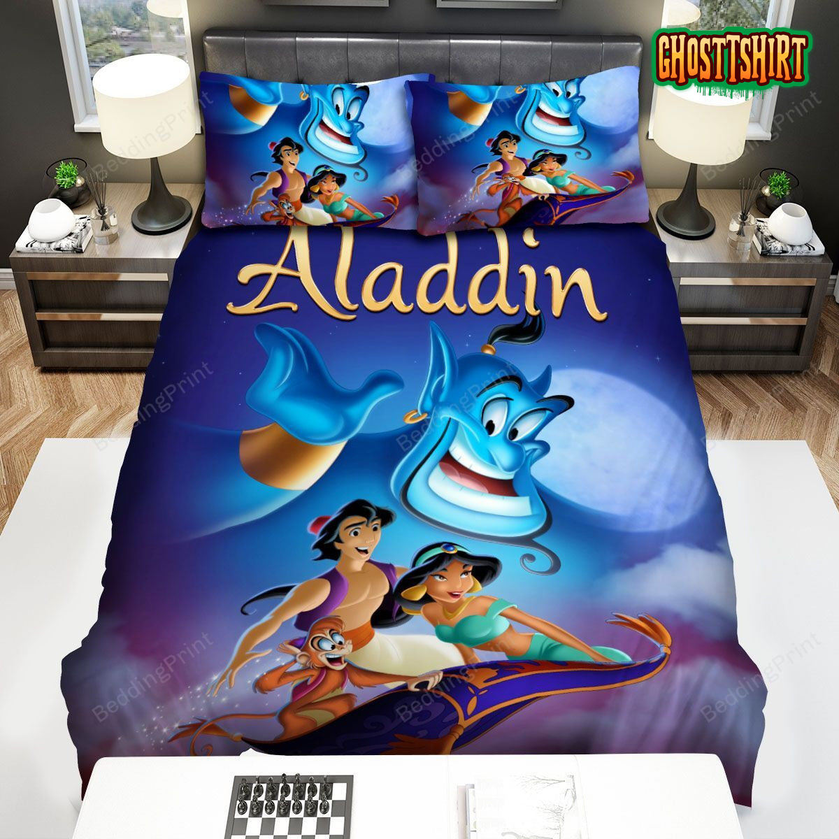Aladdin And Jasmine With Abu The Monkey Flying On The Magic Carpet Bed Sheets Duvet Cover Bedding Set