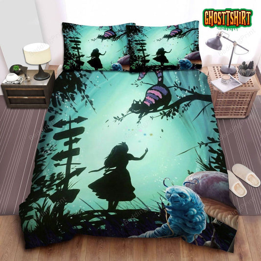 Alice In Wonderland, Asking Cheshire Cat, Blue Caterpillar Bed Sheets Duvet Cover Bedding Set