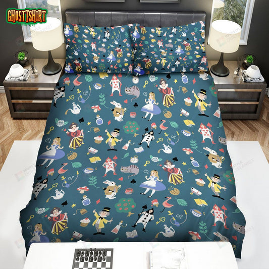 Alice In Wonderland Characters Doodles Pattern Bed Sheets Spread Duvet Cover Bedding Set