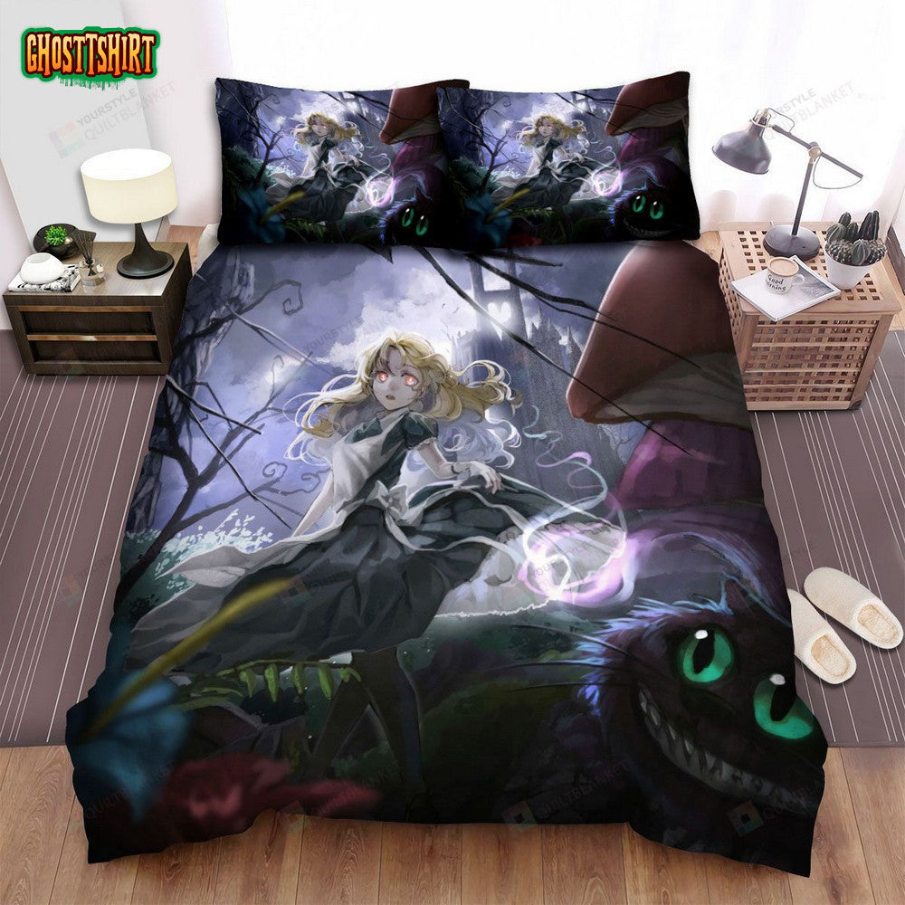 Alice In Wonderland & Cheshire Cat Anime Artwork Bed Sheets Spread Duvet Cover Bedding Set