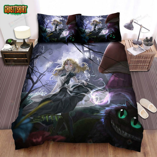Alice In Wonderland & Cheshire Cat Anime Artwork Bed Sheets Spread Duvet Cover Bedding Set