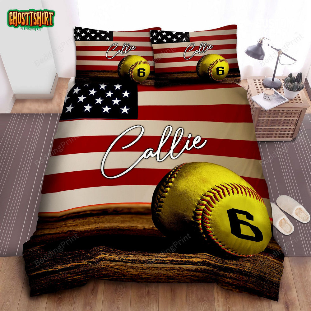 American Flag Softball Ball Custom Duvet Cover Bedding Set