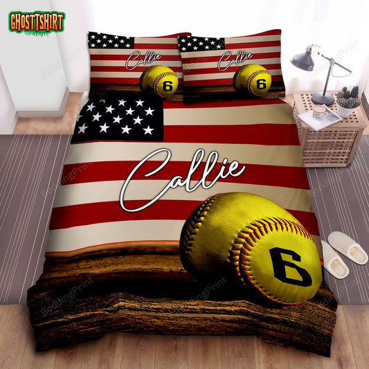 American Flag Softball Ball Custom Duvet Cover Bedding Set
