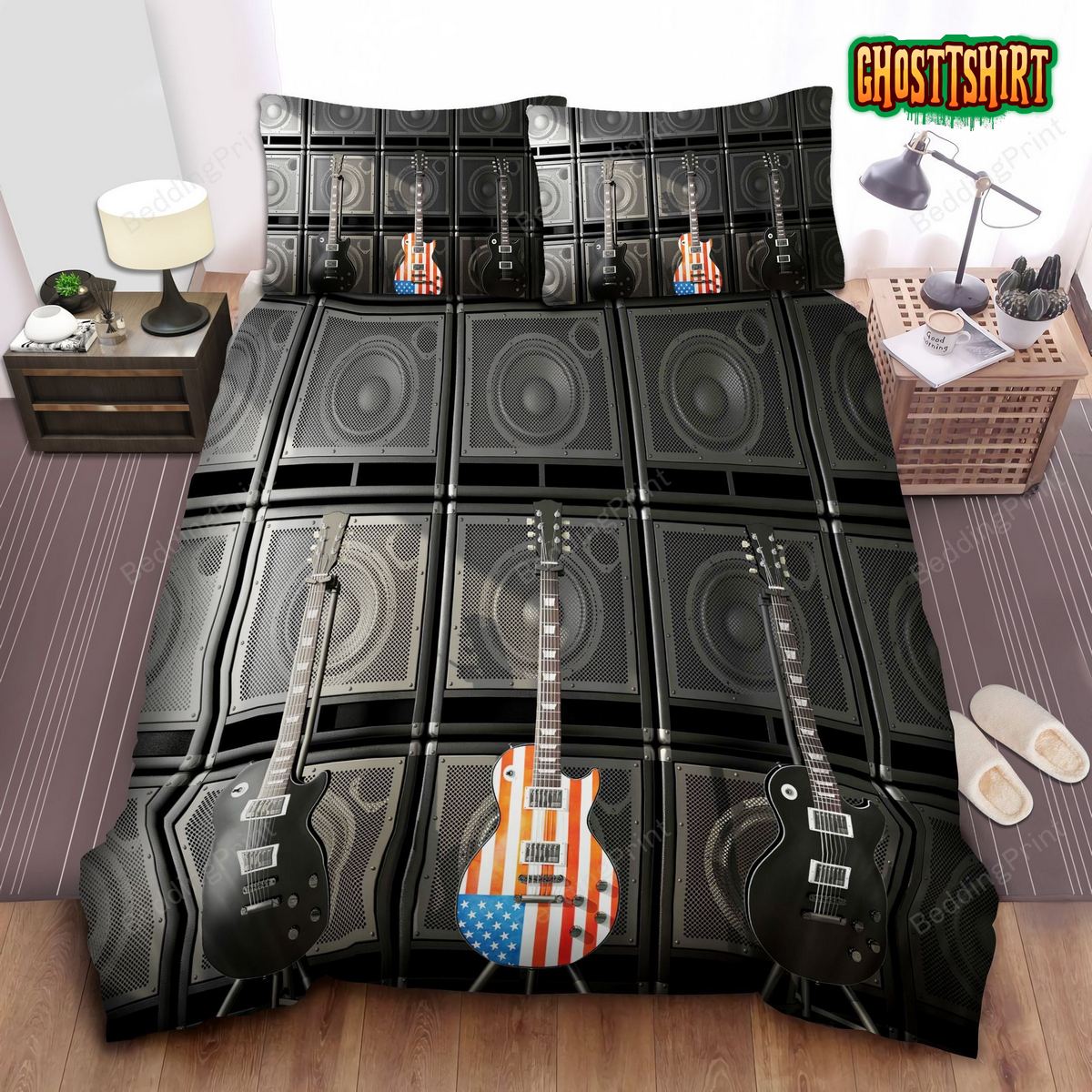 American Flag Us Bass Guitar Trendy Electronic Rock Music Digital Graphic Work Bedding Set