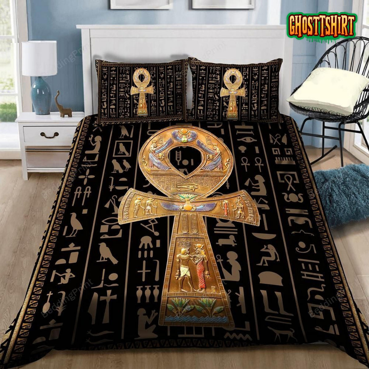 Ancient Egypt Ankh Dark Brown And Black Bed Sheets Duvet Cover Bedding Set