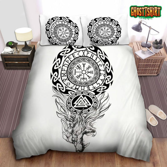 Ancient Viking Symbols Of Compass And Wolves And Bed Sheets Duvet Cover Bedding Set