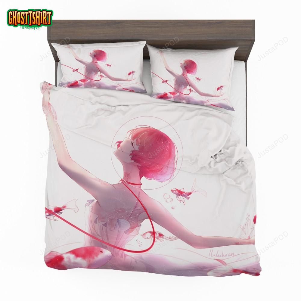 Anime Girl Ballet Dancer Fishes Pink Koi Bedding Set