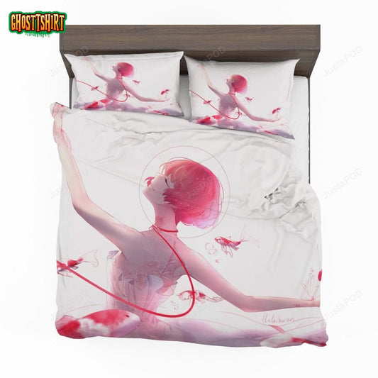 Anime Girl Ballet Dancer Fishes Pink Koi Bedding Set