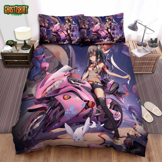 Anime Highschool Biker Girl On Pink Motorcycle Bed Sheets Spread Duvet Cover Bedding Set