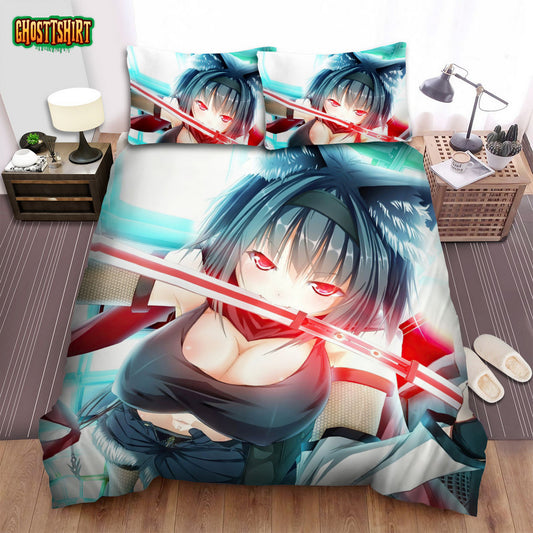 Anime Ninja Girl Holding Katana In Her Mouth Bed Sheets Spread Duvet Cover Bedding Set