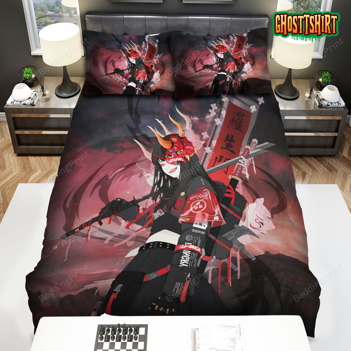 Anime Samurai Girl Warrior In Modern Outfit Bed Sheets Spread Duvet Cover Bedding Set