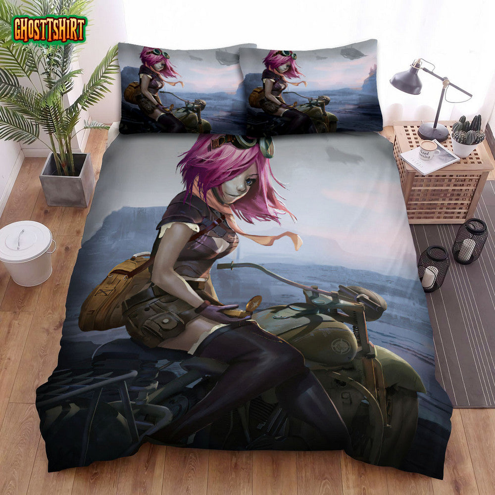 Anime Steampunk Biker Girl Portrait Artwork Bed Sheets Spread Duvet Cover Bedding Set