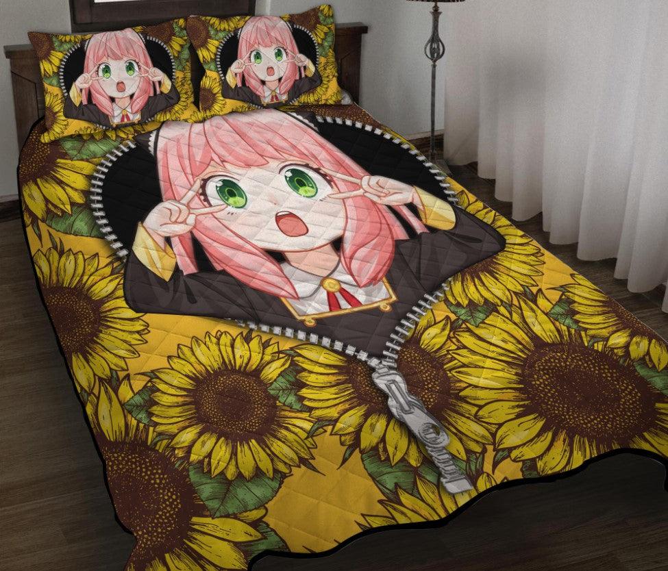 Personalized Cute Anya Spy X Family Sunflower Bedding Set – Zipper  3-pc Quilt Bedding Set