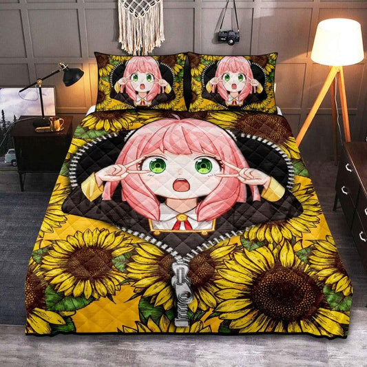 Personalized Cute Anya Spy X Family Sunflower Bedding Set – Zipper  3-pc Quilt Bedding Set
