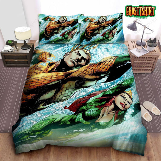 Aquaman And Queen Mera Comic Art Bed Sheets Duvet Cover Bedding Set